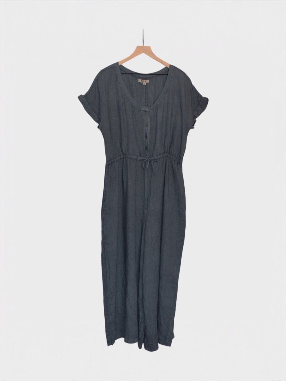 Flax Linen Wide Leg Drawstring Button Front Jumpsuit
